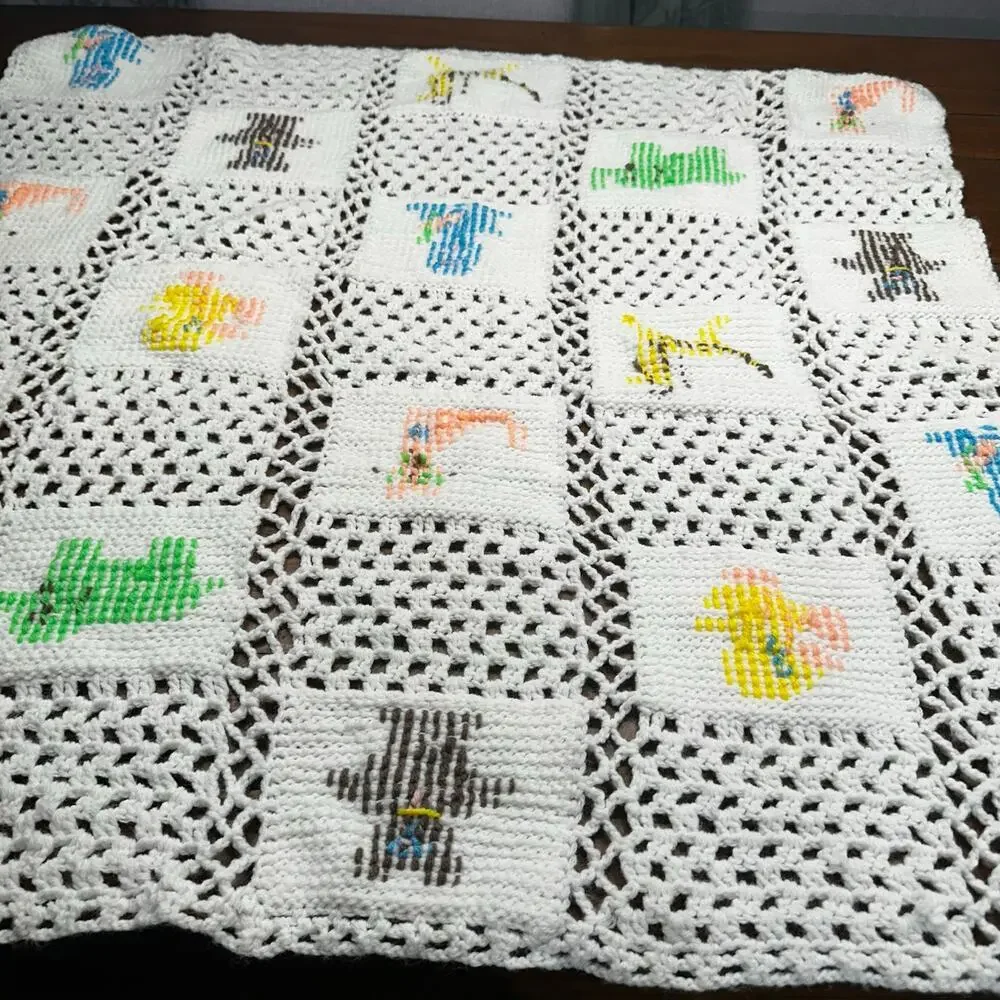 Vintage Hand Knit Quilt Crochet Afghan 36” x 36” Baby Blanket Animals Nursery